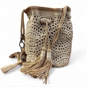 The Sak Sayulita Crochet Macrame Drawstring Bucket Bag